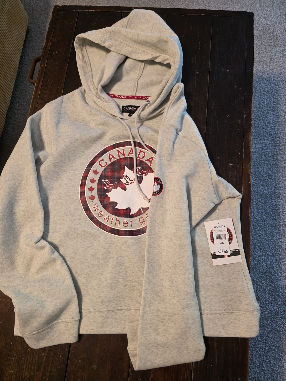 Canada Weather Gear Women's Light Gray Hoodie with Red Plaid Logo